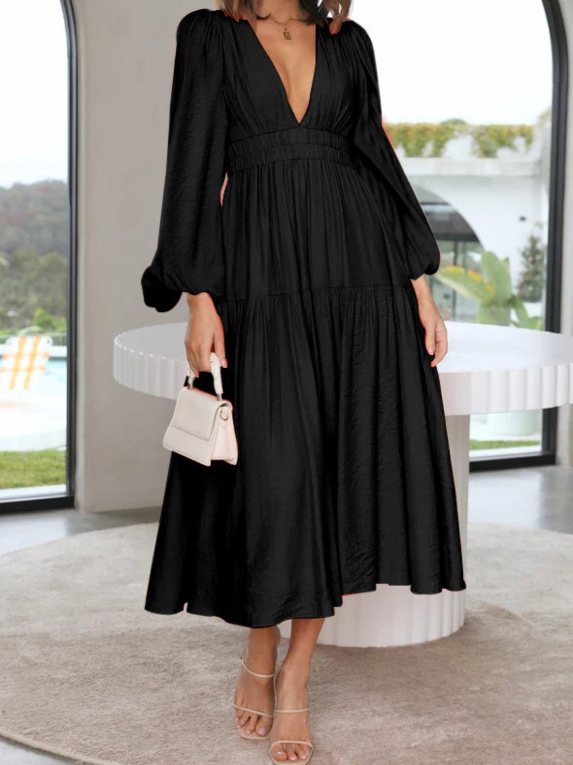 Elegant Lightweight Deep V-Neck Balloon Sleeve Maxi Dress