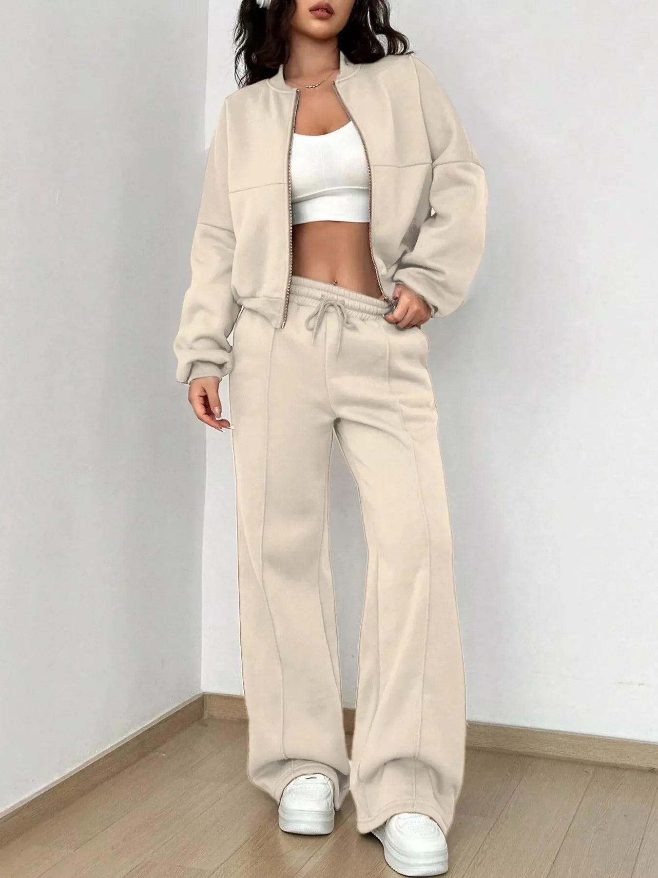 Ensemble de Veste Zippée en Couleur Unie et Pantalons à Jambes Larges