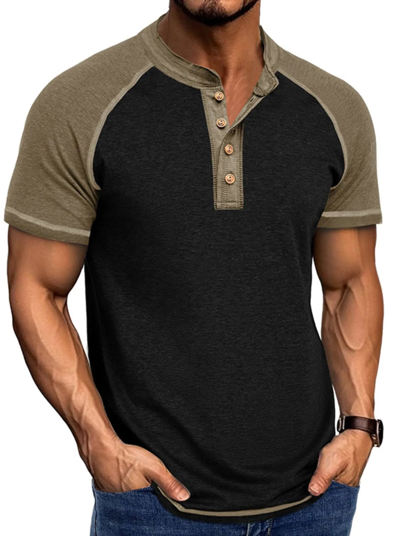 T-shirt Henley Raglan Color Block pour homme