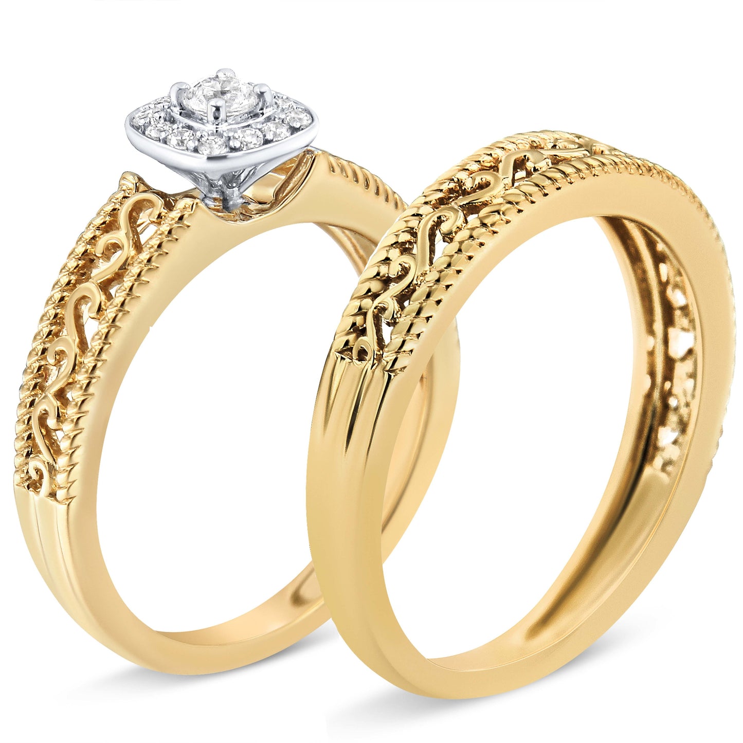 Ensemble de Bagues de Fiançailles en Argent Sterling Plaqué Or Jaune 14K avec Halo de Diamants - Tai