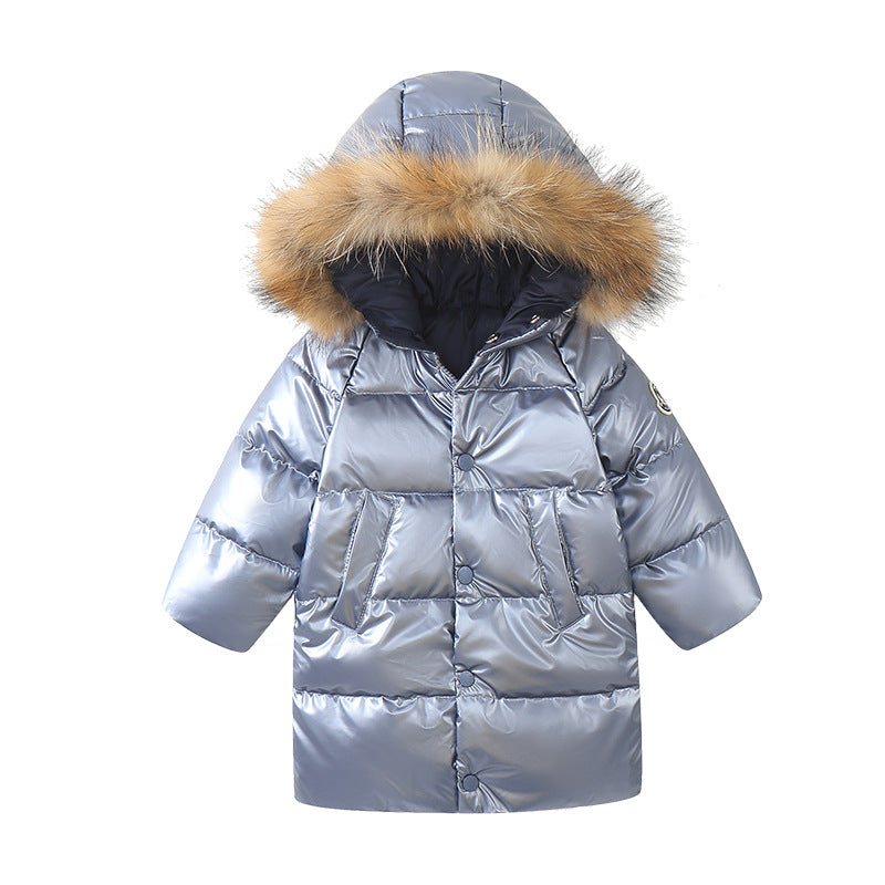 Chaqueta de plumas de longitud media para niños con cuello de piel