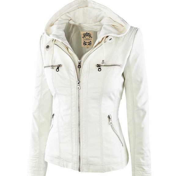 Women's Detachable Lapel Long Sleeve Solid Color Zipper Leather Jacket Coat - Korvel