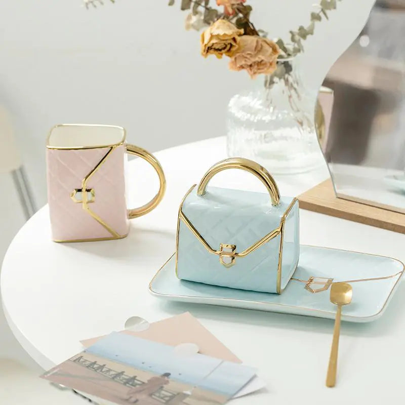 Creative Ceramic Coffee Mug and Saucer Set with Tray