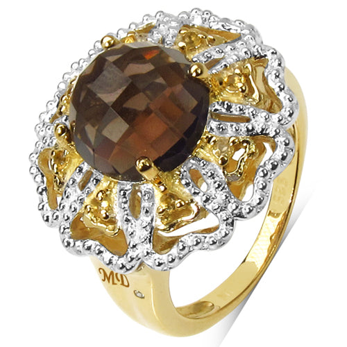 Anillo de cóctel de cuarzo ahumado y diamante chapado en oro amarillo de 14K