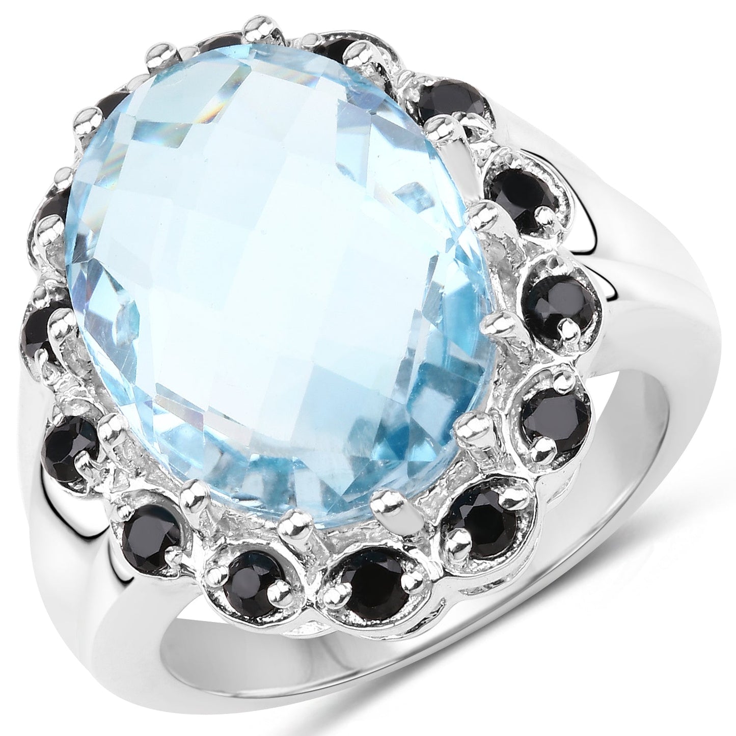 Bague en argent sterling avec topaze bleue et spinelle noir de 12,49 carats