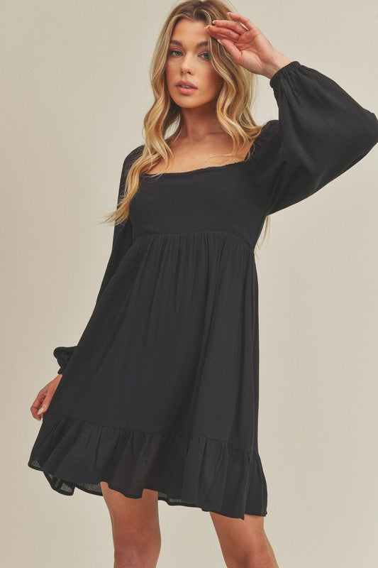 Ruffled Square Neck Balloon Sleeve Mini Dress for Women