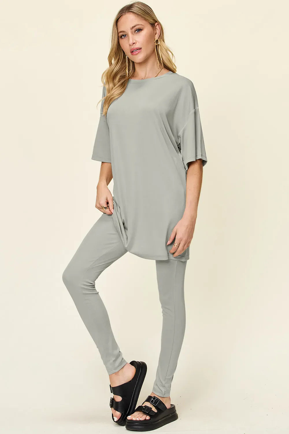 Double Take Full Size Round Neck T-Shirt and Leggings Set