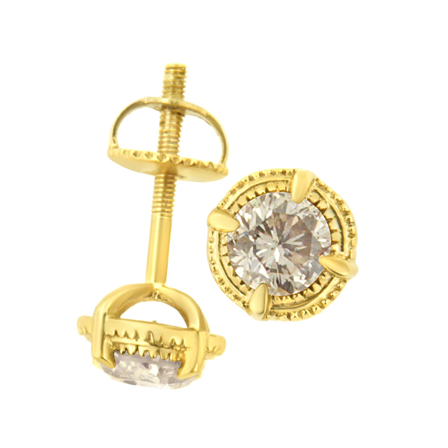 Boucles d'oreilles clous en argent sterling plaqué or jaune 14K avec diamant solitaire