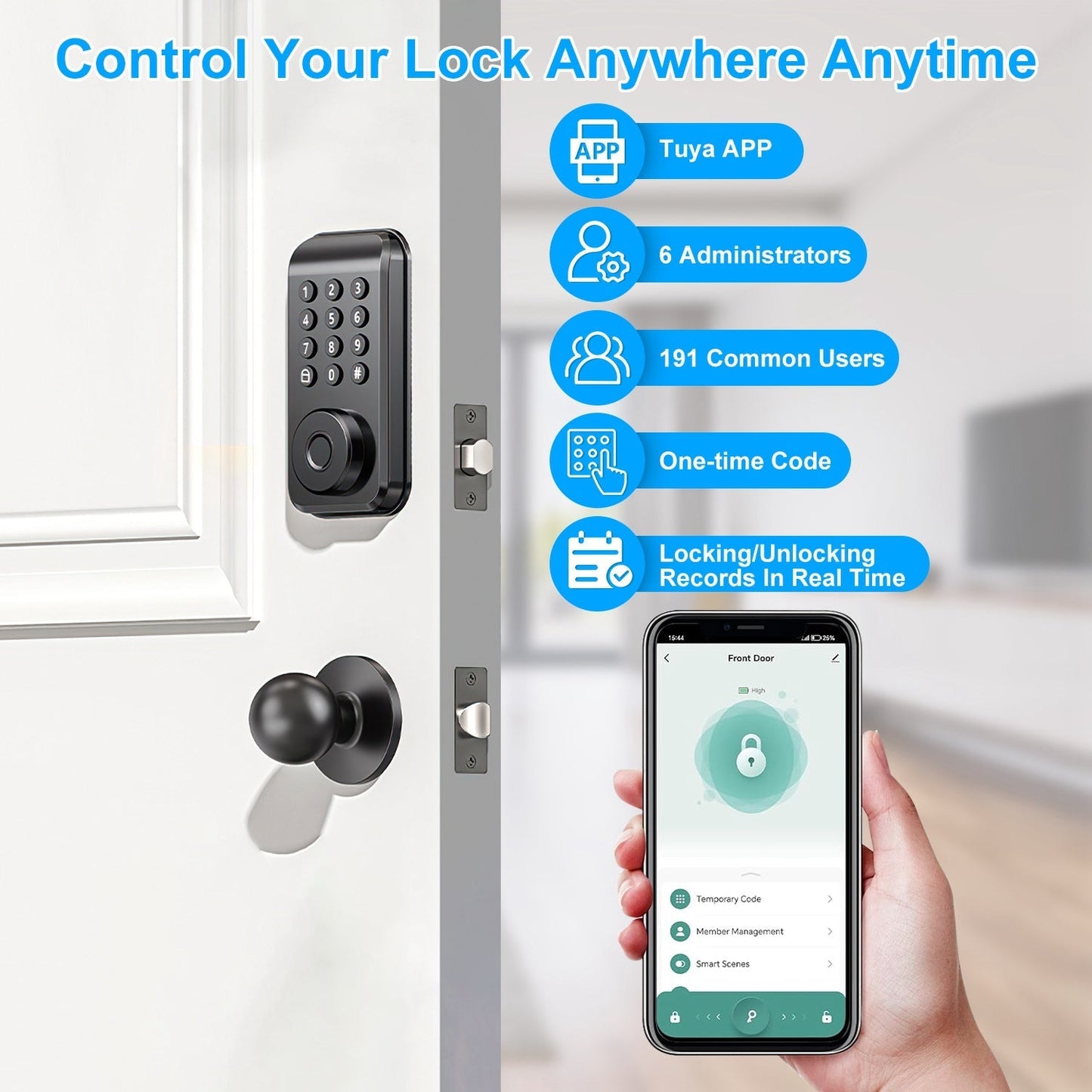 Wireless Keyless Smart Door Lock with Fingerprint & App Control