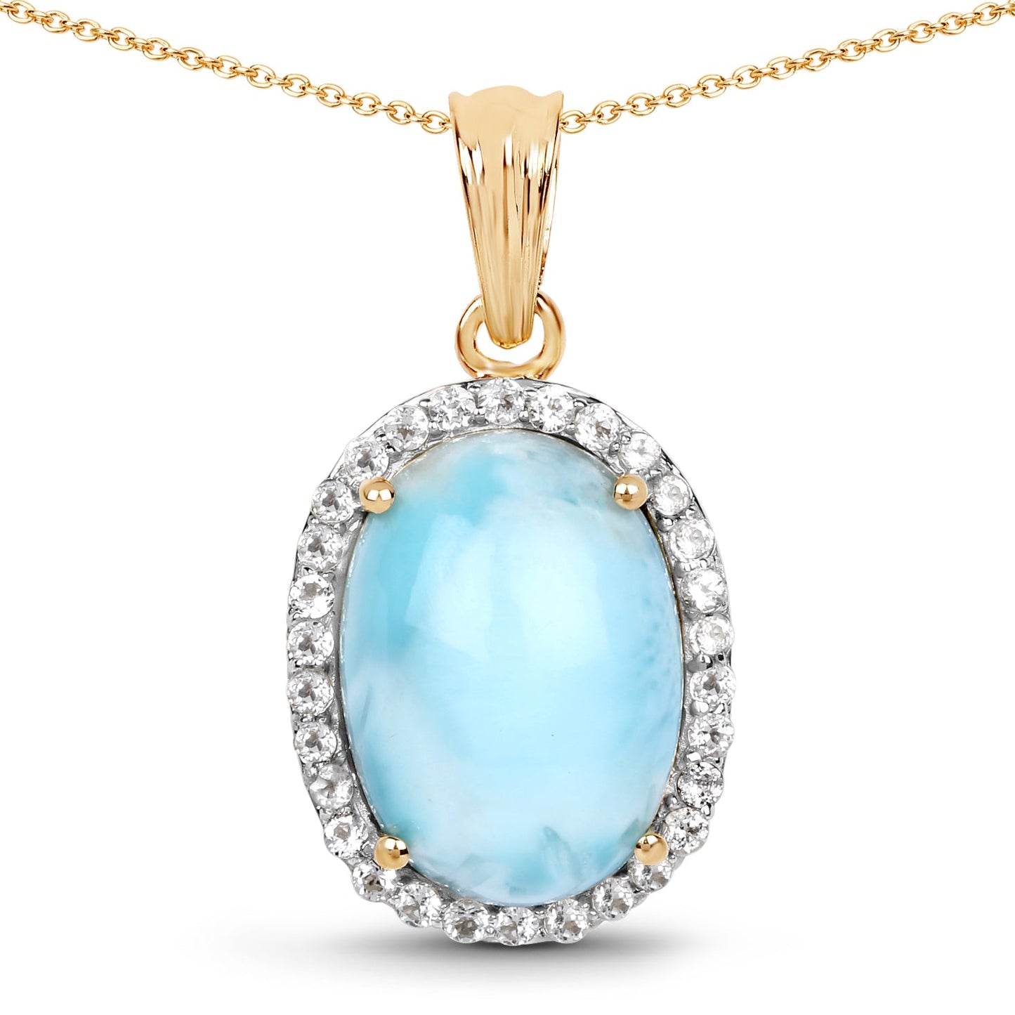 Pendentif en Larimar et Topaze Blanche Plaqué Or Jaune 14K