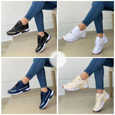 Women's Casual Flat Style Pumps - Color Matching Lace-up Sneakers