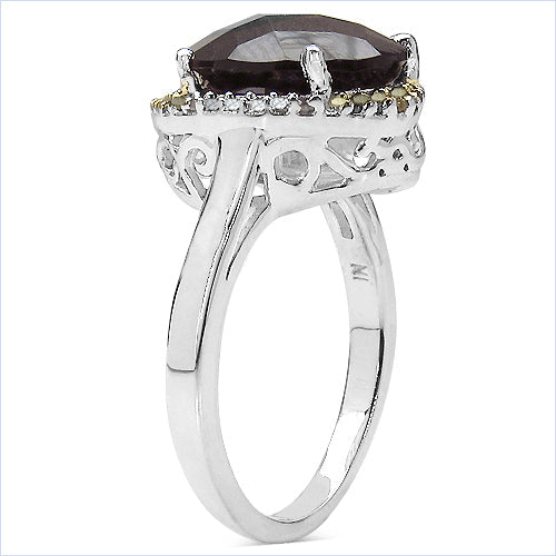 Anillo de Plata Esterlina con Cuarzo Ahumado de 4.12 Quilates y Acentos de Diamante