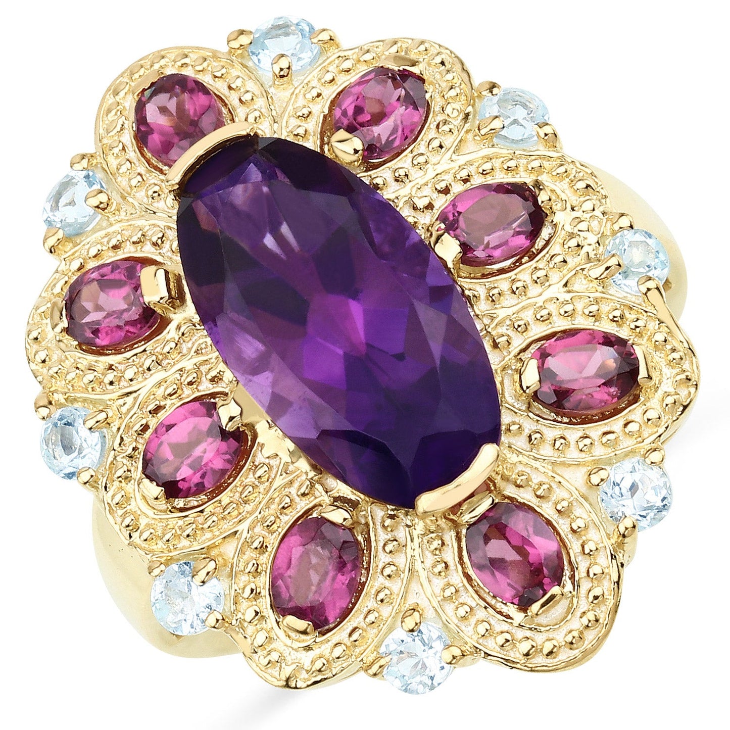 6.80 Carat Genuine Amethyst, Rhodolite & Blue Topaz Sterling Silver Ring