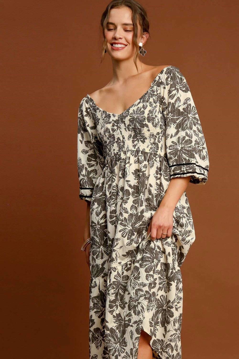 Ruffle Hem Floral Print V-Neck Dress for Women