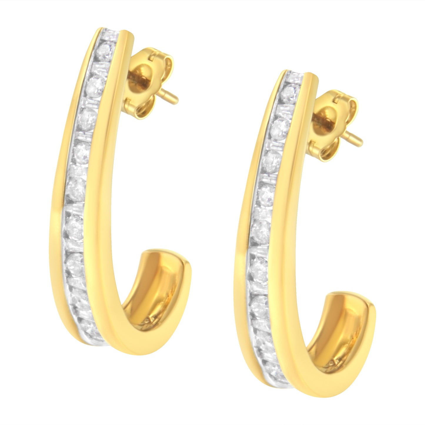 10K Yellow Gold Channel Set Diamond J-Hoop Earrings