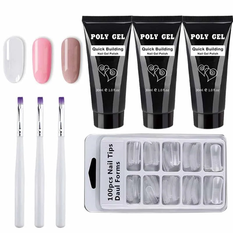 Kit de Poly Gel pour Nail Art Français avec Pinceau UV et Conseils d'Ongles