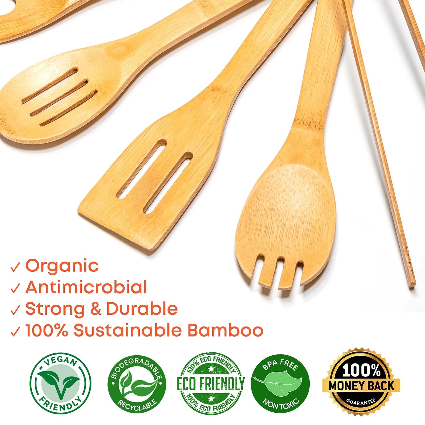 Ensemble d'ustensiles de cuisine en bambou - 7 cuillères en bois de qualité supérieure