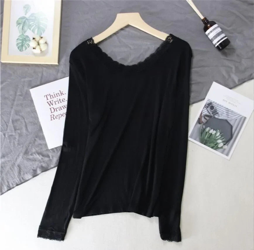 Top Térmico Slim de Manga Larga con Encaje en V para Mujeres