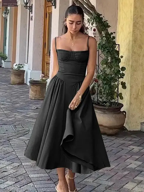 Vestido Midi Elegante con Tirantes de Espagueti