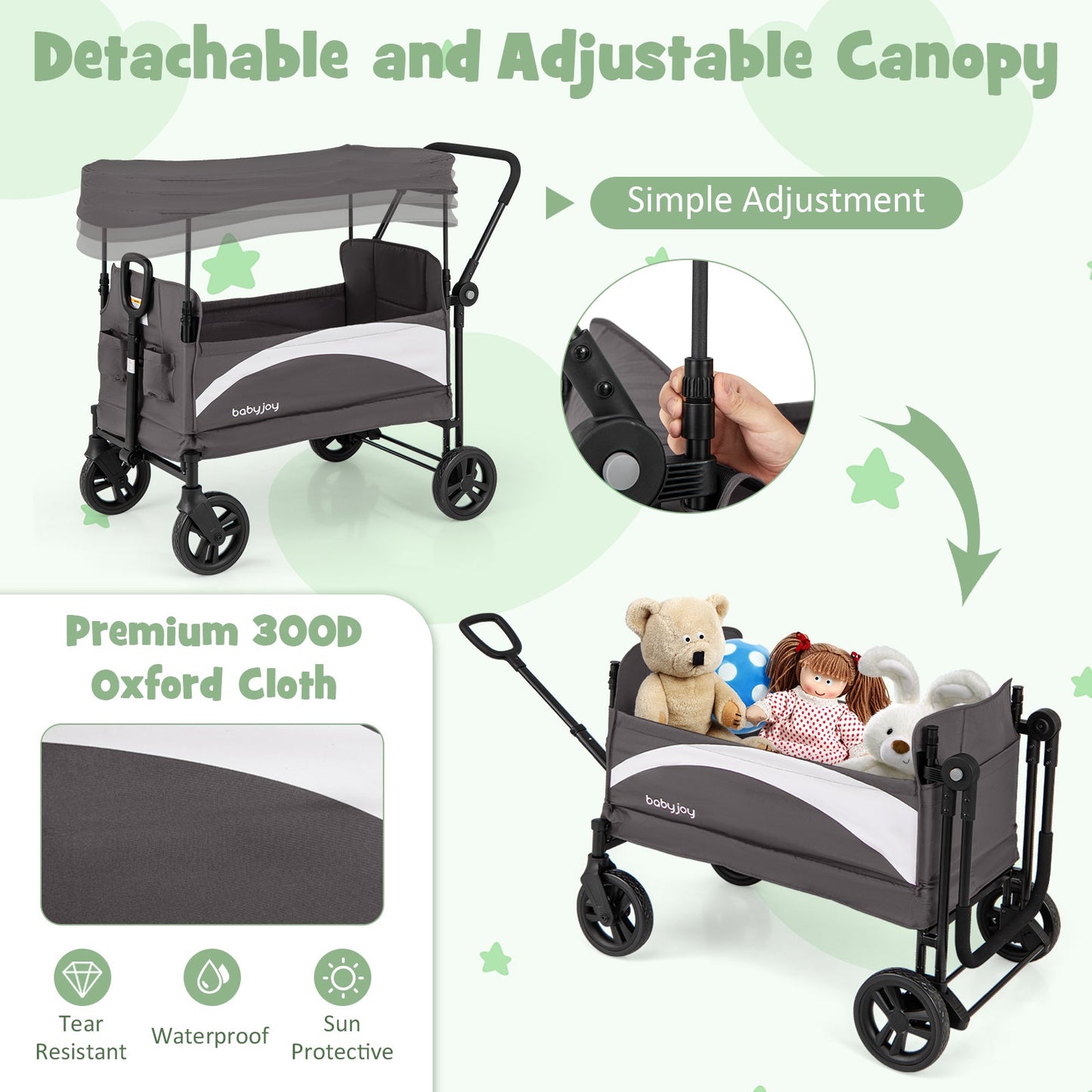 Gbruno 2-Seat Pet Stroller Wagon with Adjustable Canopy - Gray