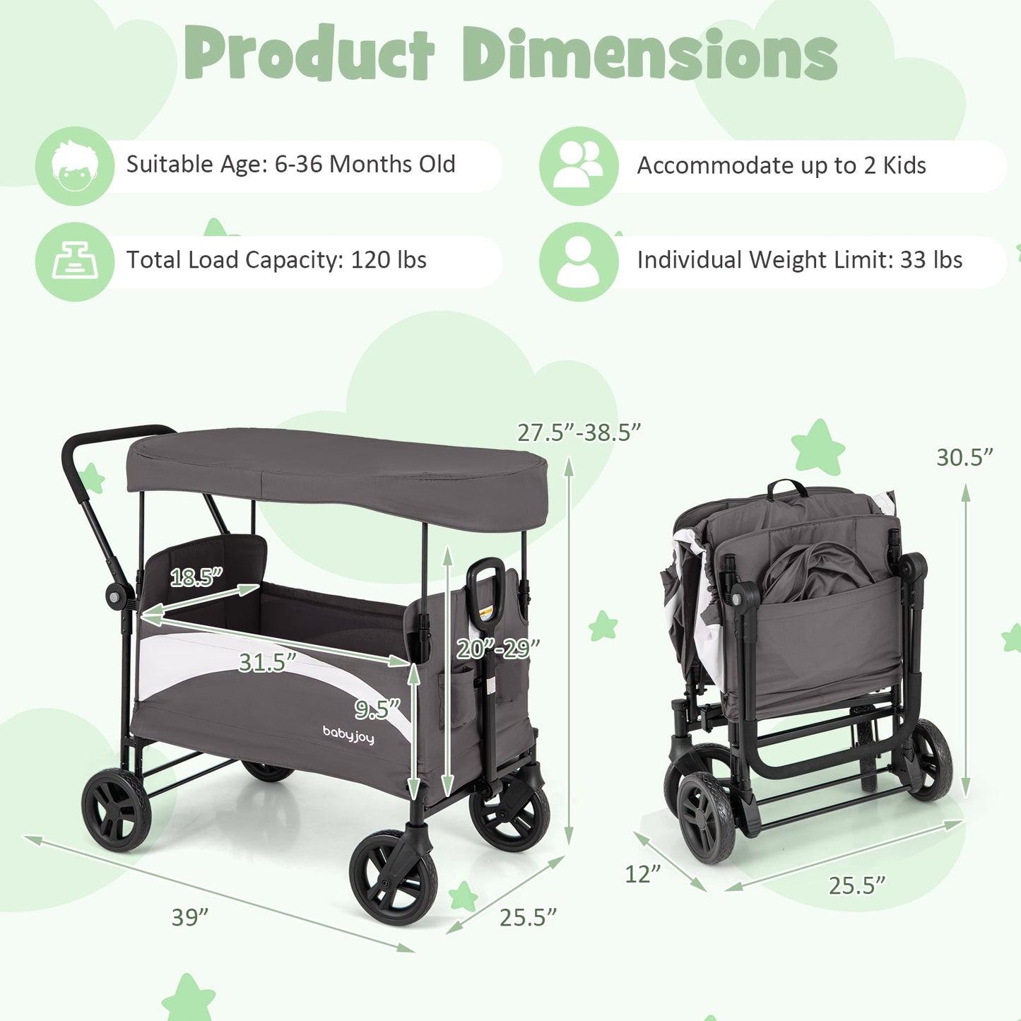 Gbruno 2-Seat Pet Stroller Wagon with Adjustable Canopy - Gray