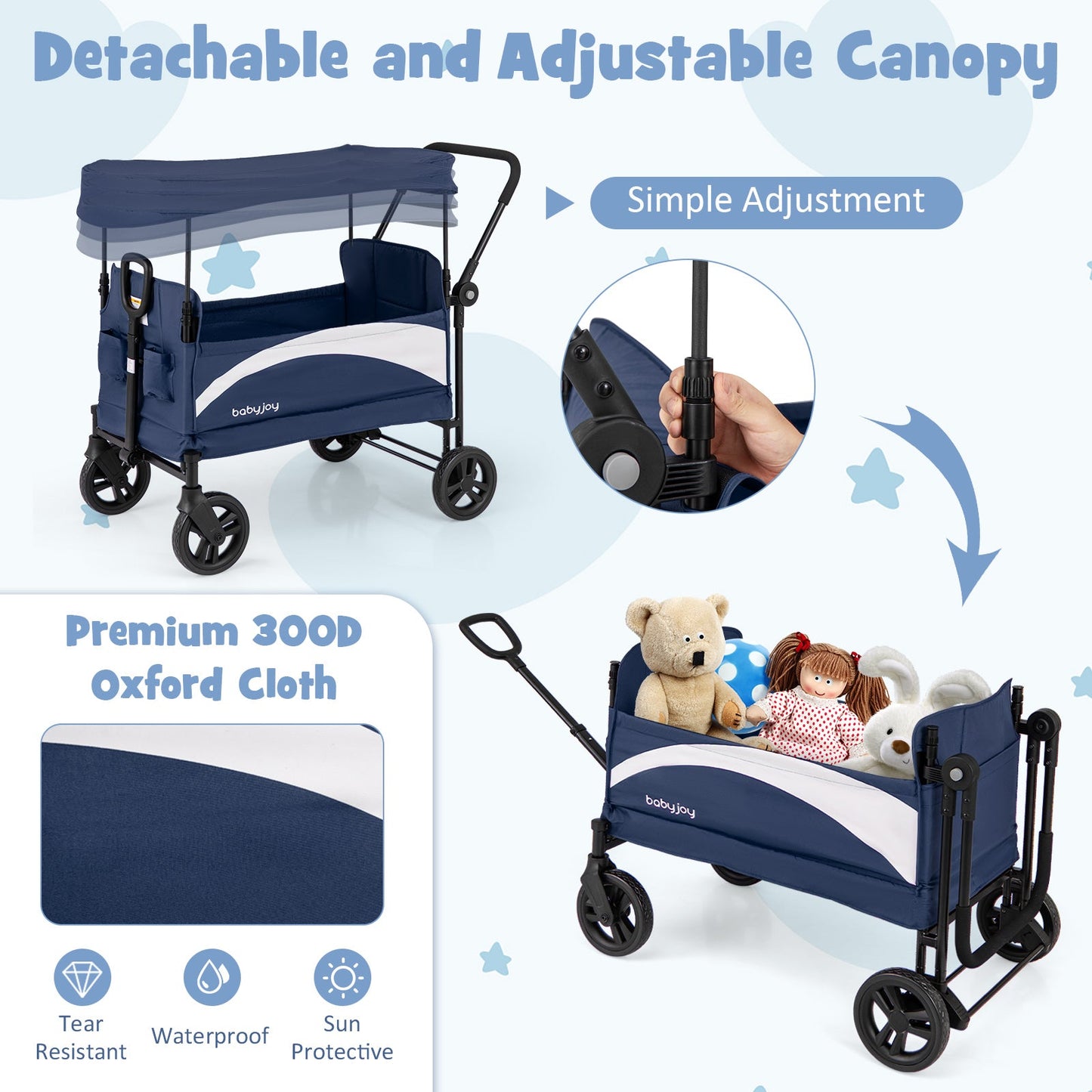2-Seat Stroller Wagon with Adjustable Canopy - Navy