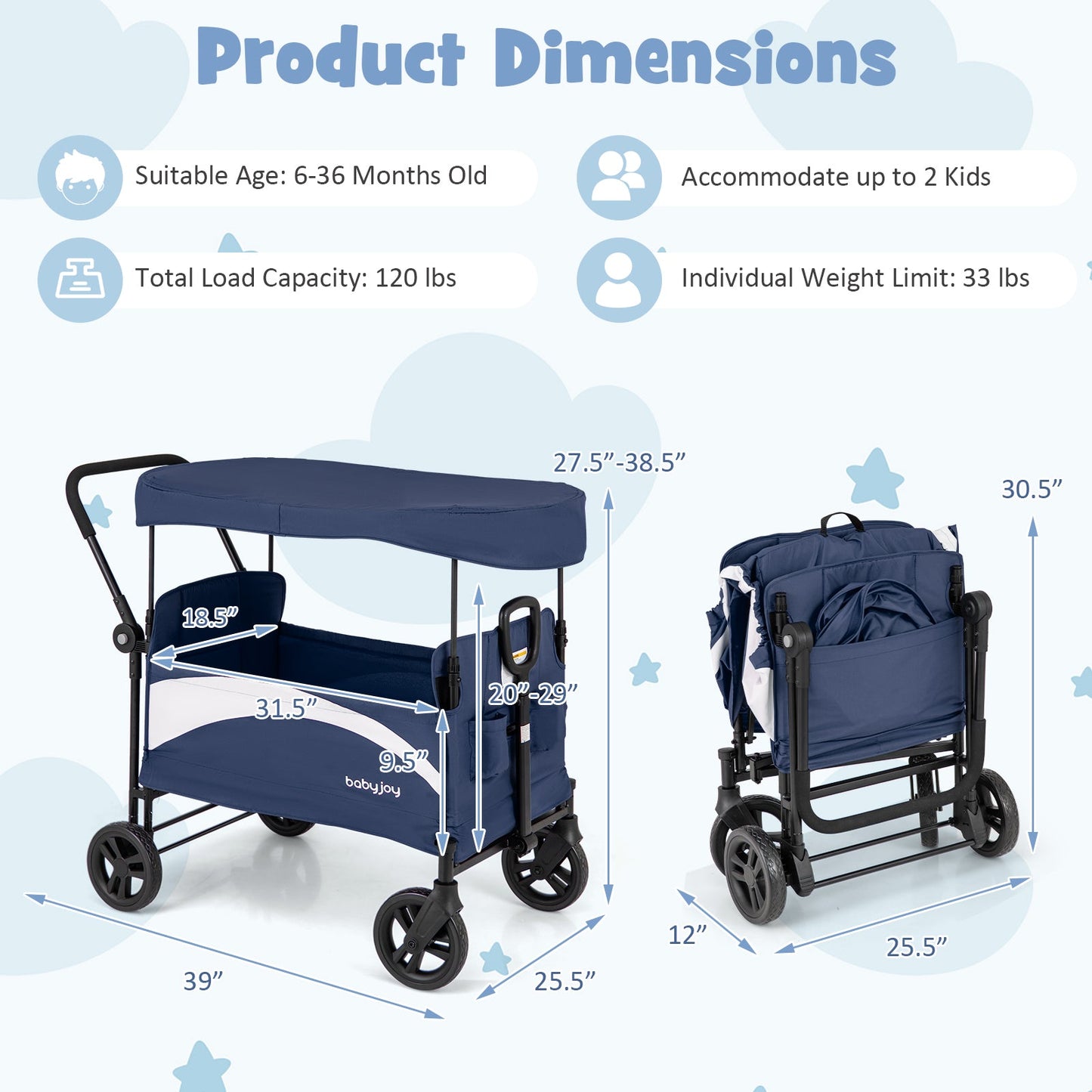 2-Seat Stroller Wagon with Adjustable Canopy - Navy