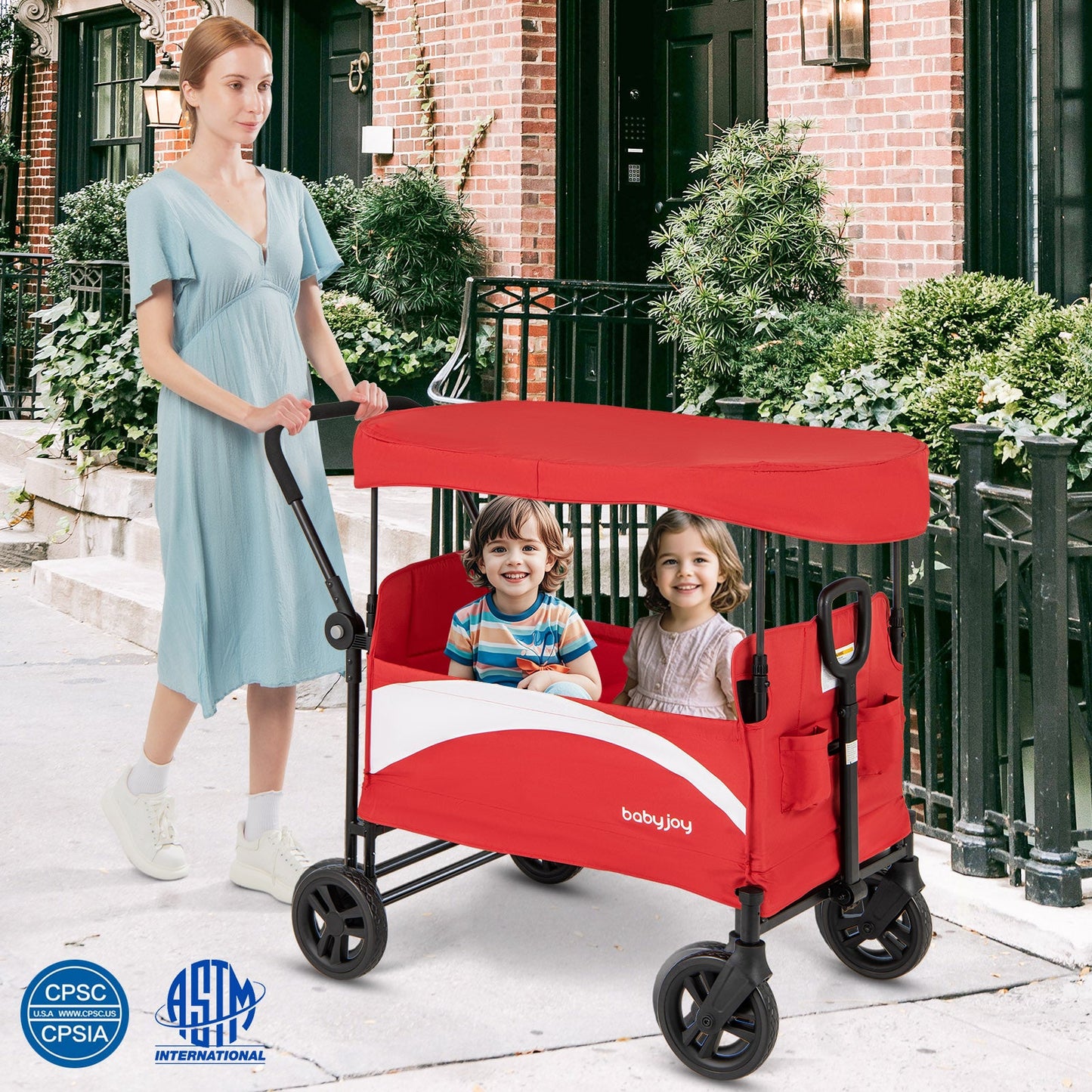 2-Seat Stroller Wagon with Adjustable Canopy - Red