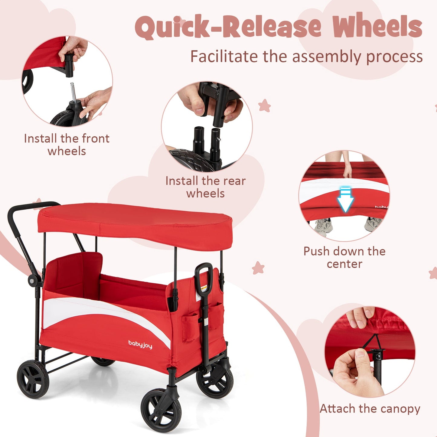 2-Seat Stroller Wagon with Adjustable Canopy - Red