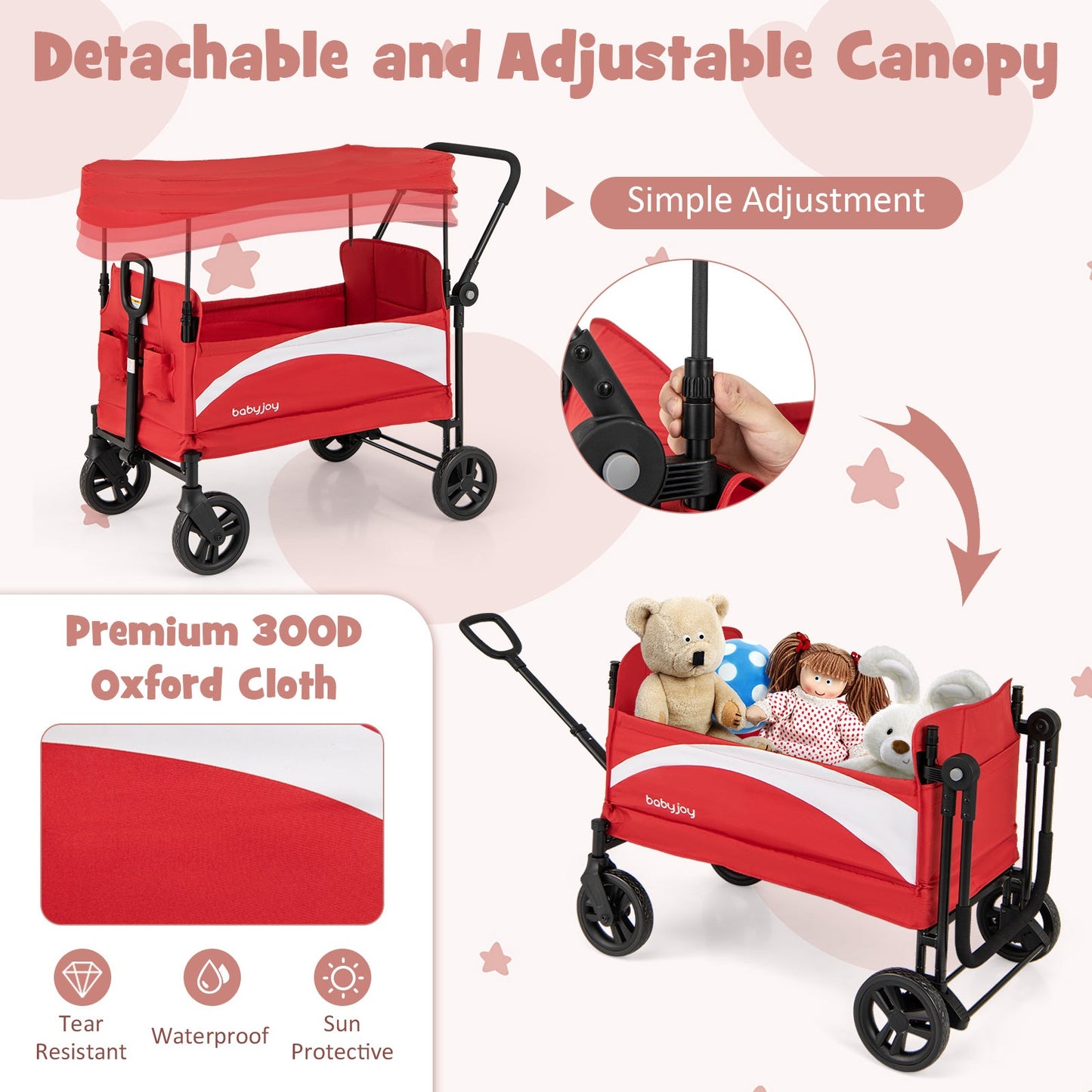 2-Seat Stroller Wagon with Adjustable Canopy - Red