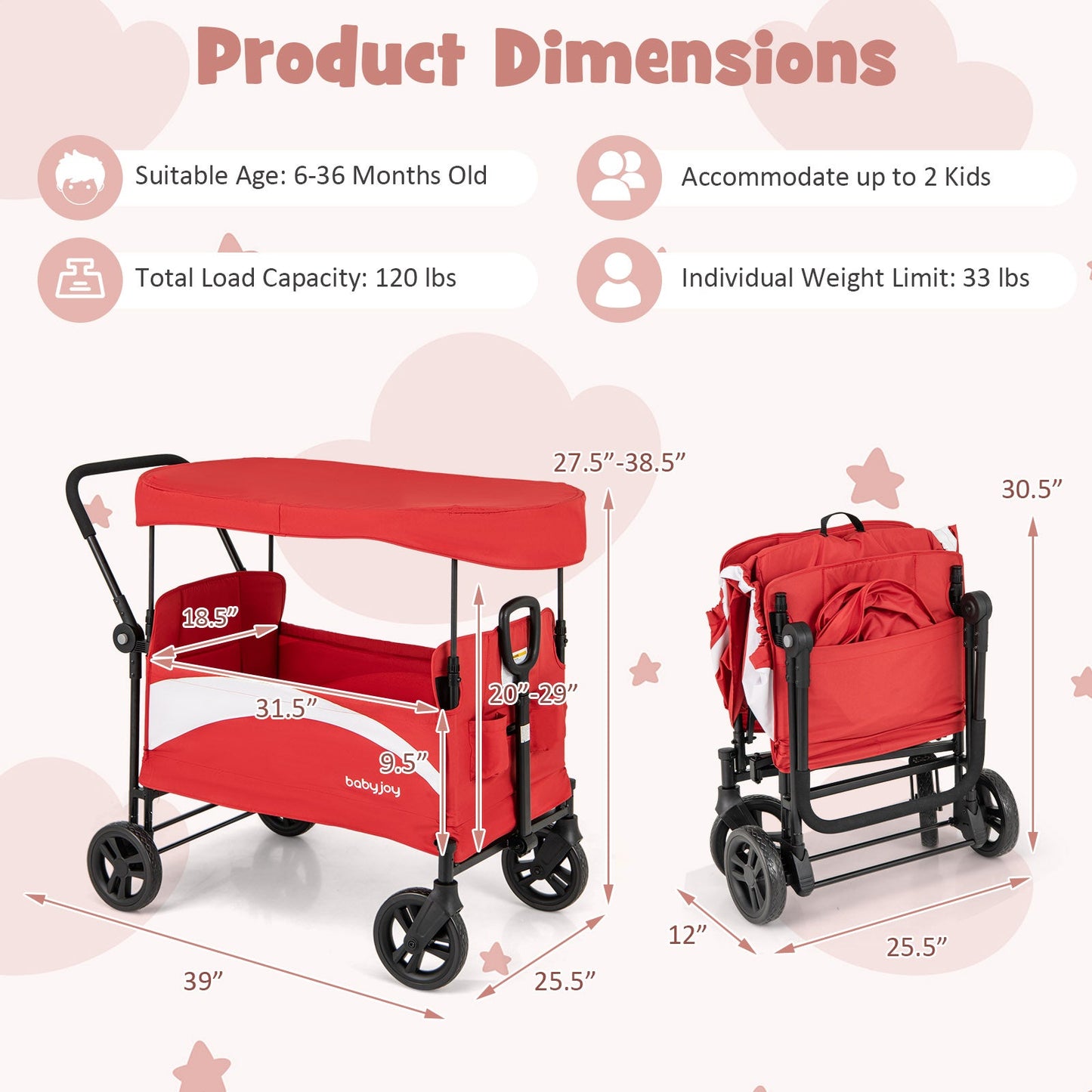 2-Seat Stroller Wagon with Adjustable Canopy - Red