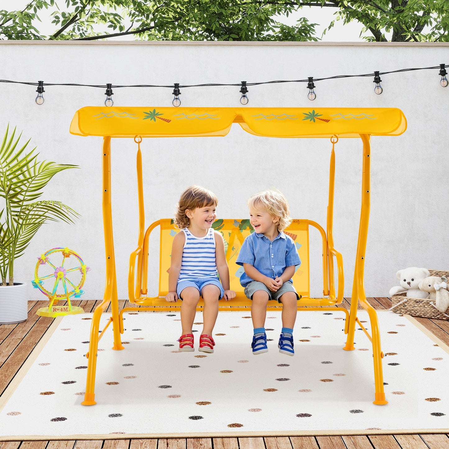 Columpio para Niños de 2 Plazas con Estructura de Metal y Toldillo Ajustable