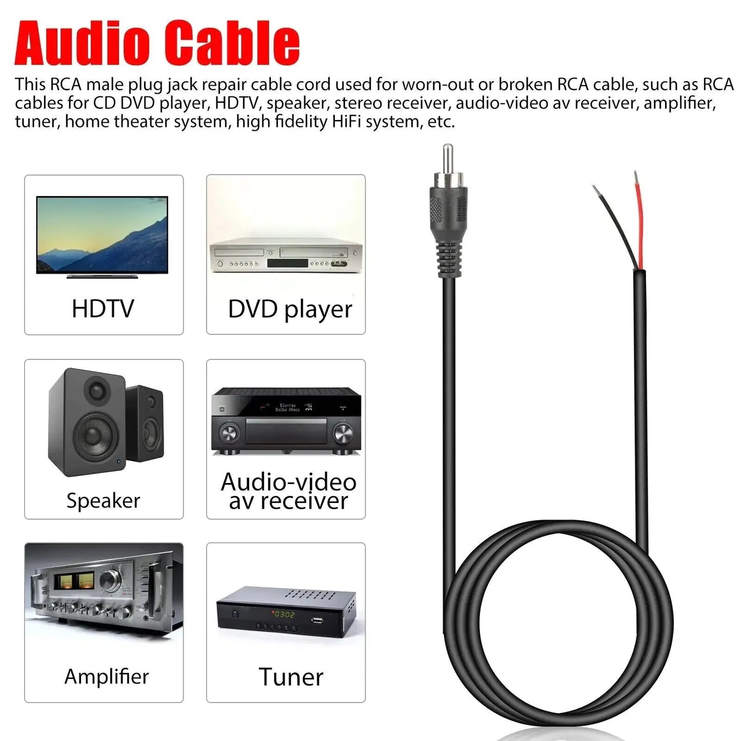 Câble audio 2-Pack 10 FT RCA mâle à fil dénudé