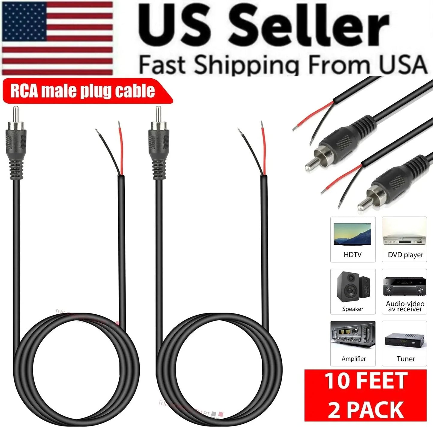 Câble audio 2-Pack 10 FT RCA mâle à fil dénudé