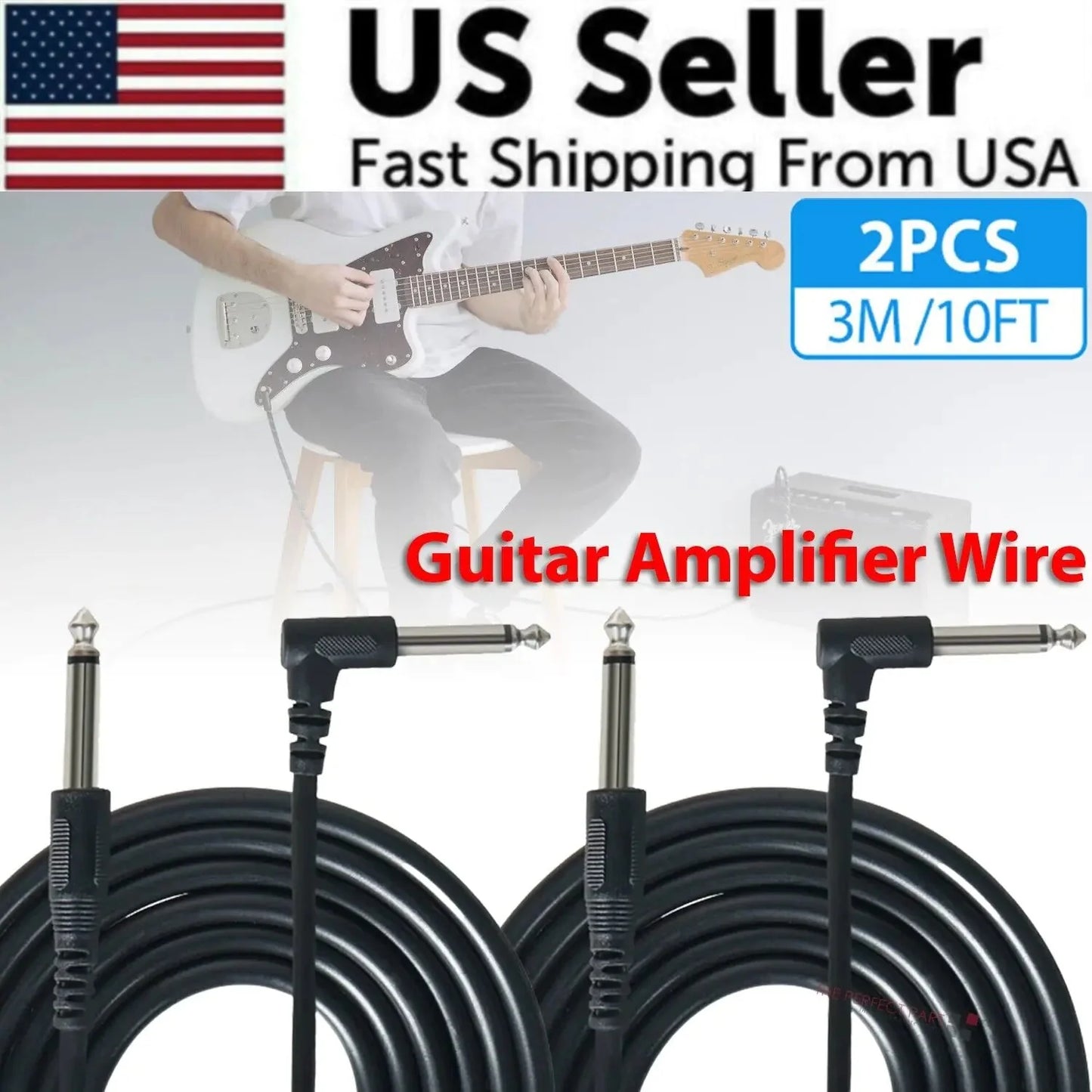 Câble de patch électrique angulaire droit de 10 pieds pour amplificateur de guitare - 2 pièces