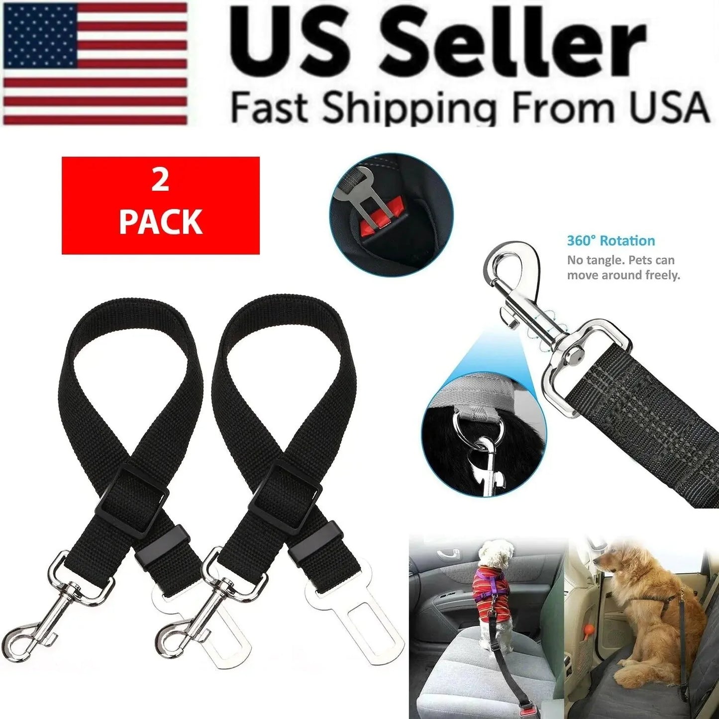 Adjustable Pet Safety Seatbelt - 2 Pack for Cats and Dogs