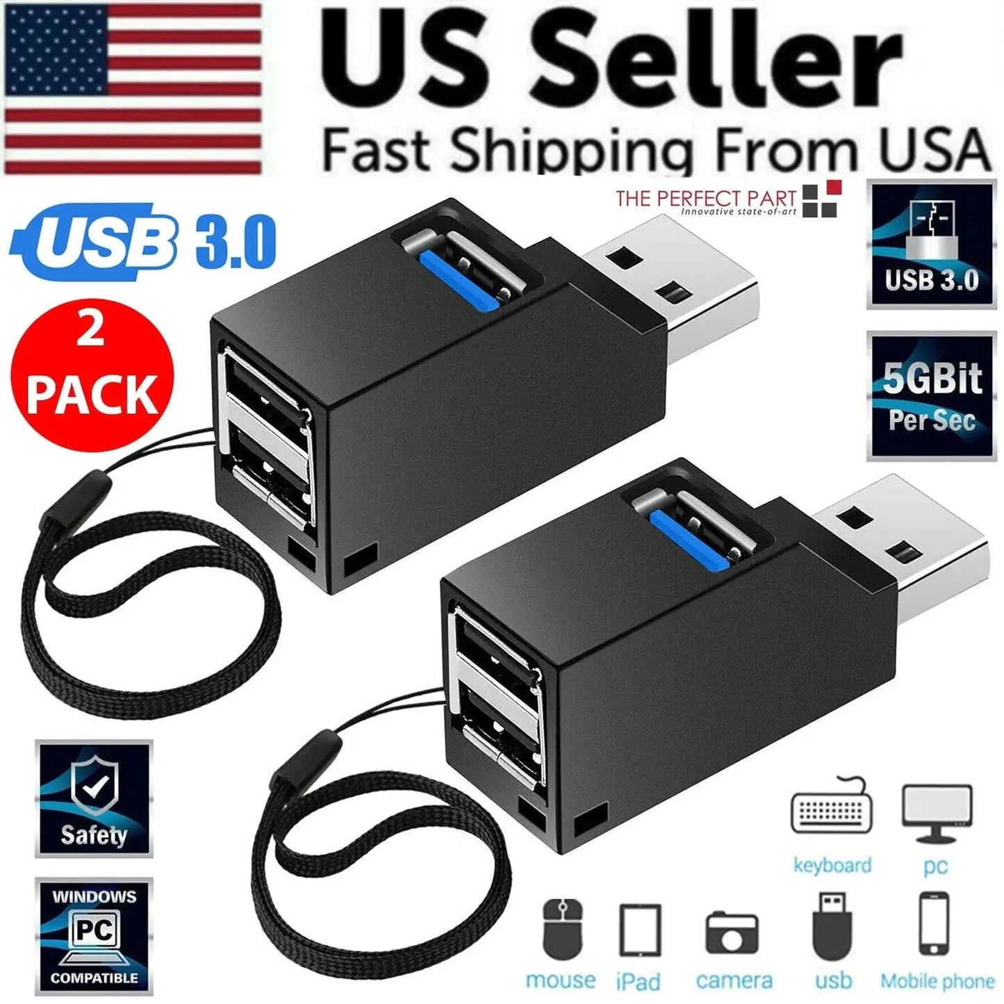 Paquete de 2 Hub USB 3.0 Portátil de 3 Puertos para Laptops y PCs