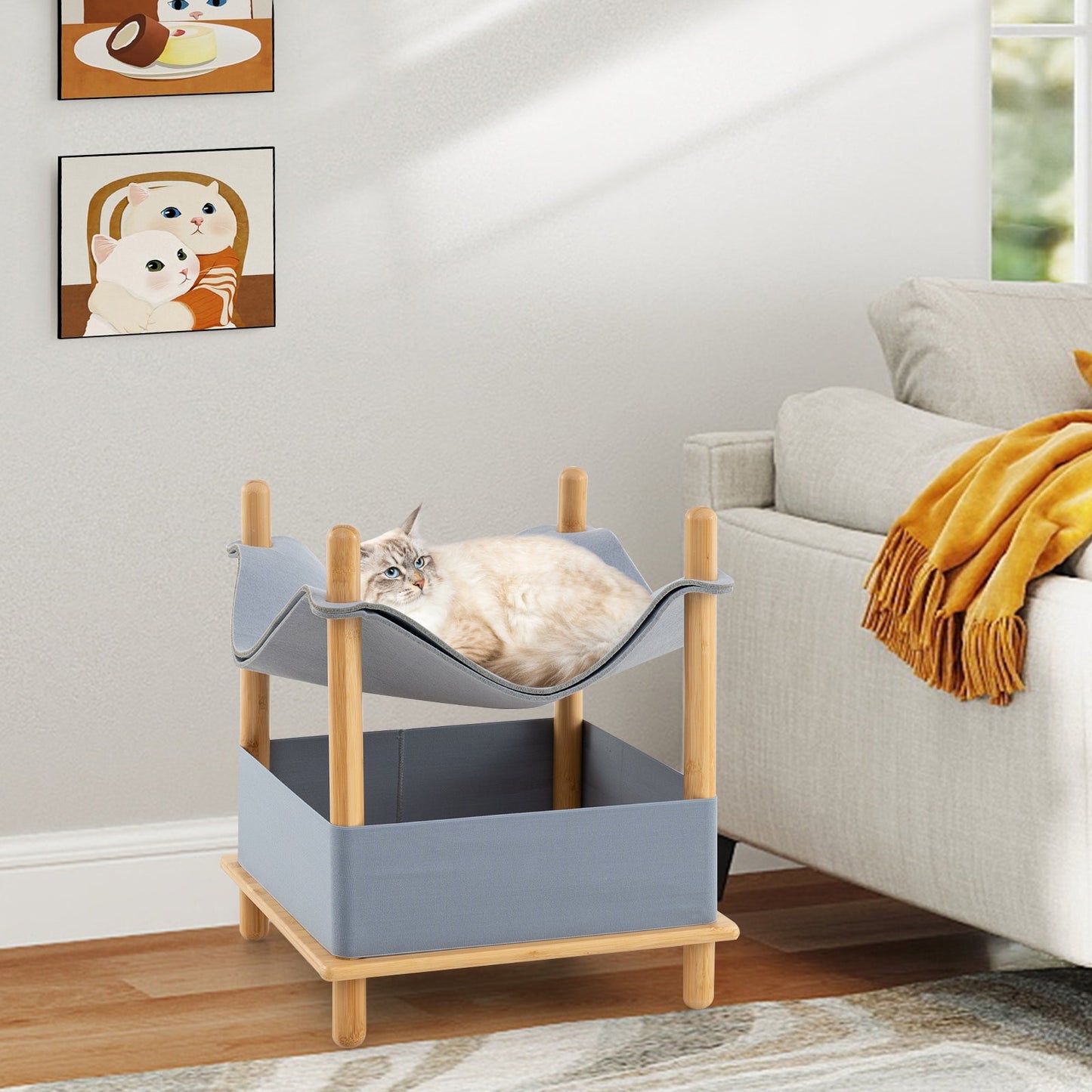 Maison pour chat en bois à 2 niveaux avec condo semi-fermé - Gris