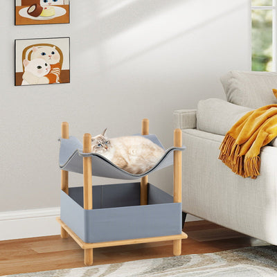 Casa para Gatos de Madera de 2 Niveles con Condominio Semi-Cerrado - Gris