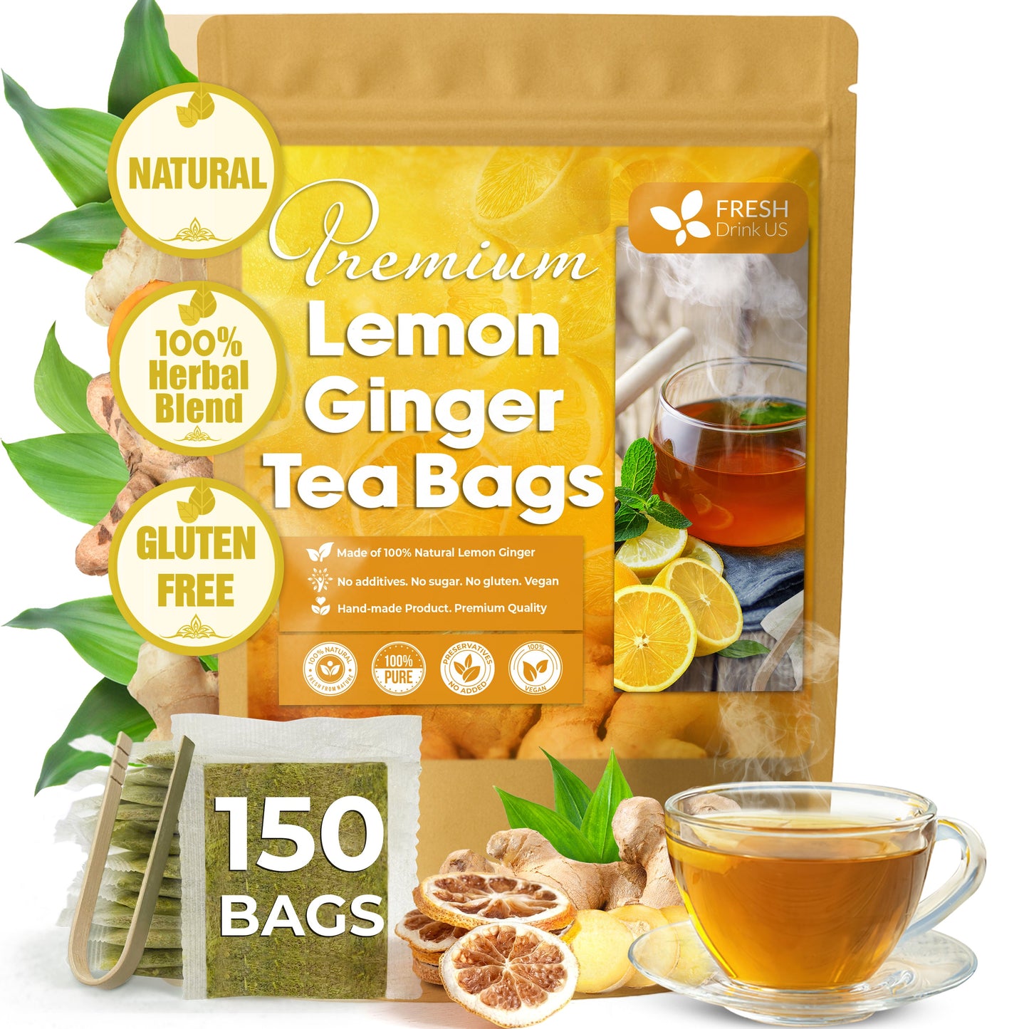 Premium Lemon Ginger Herbal Tea Bags - Eco-Conscious & Vegan