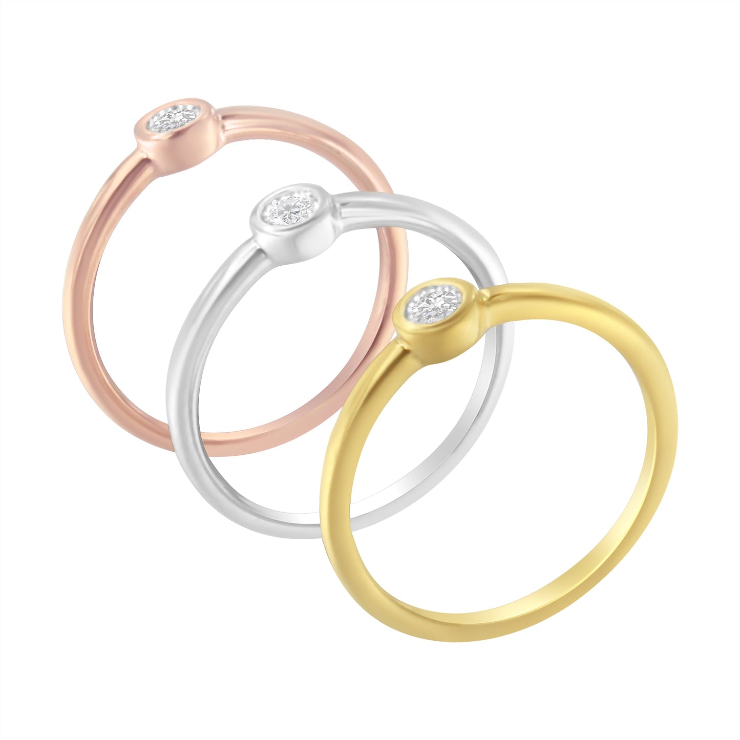 Tri-Color 14K Gold Plated Sterling Silver Diamond Stacking Promise Ring Set