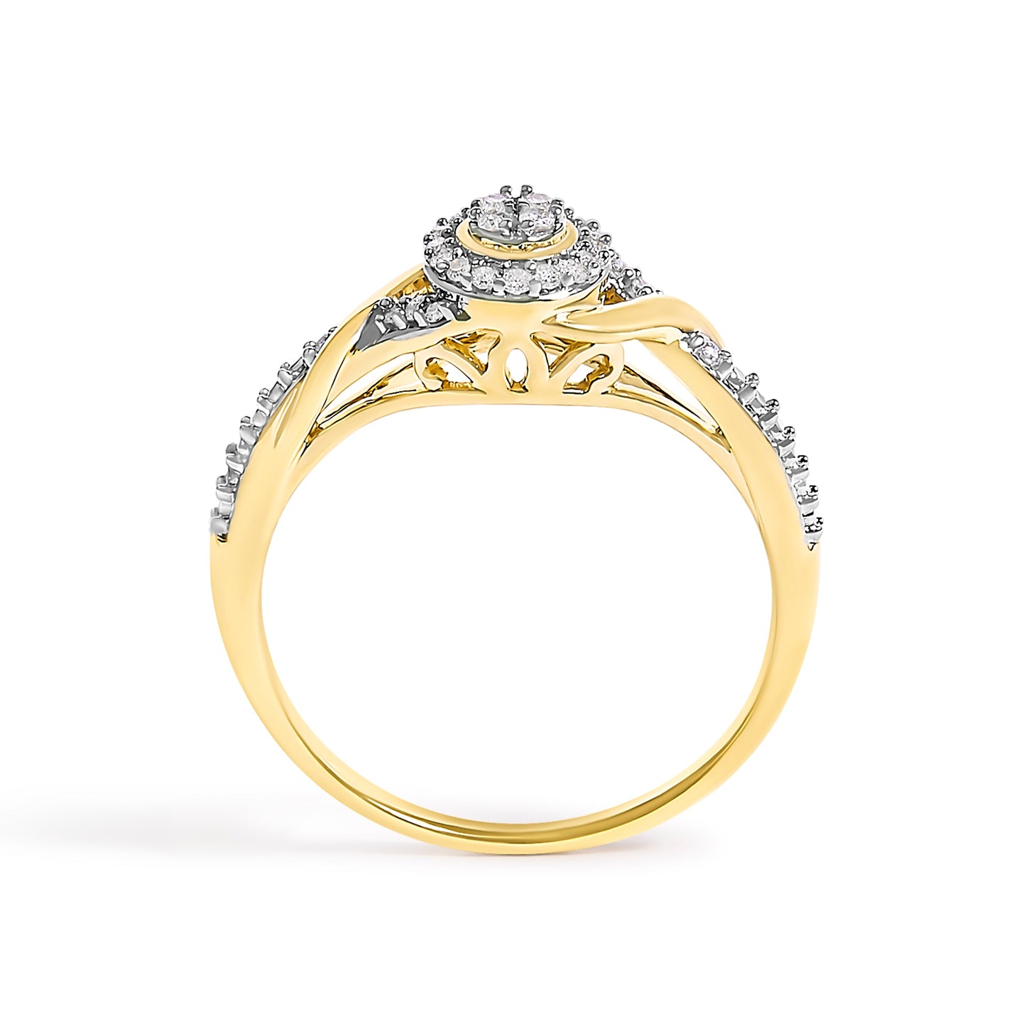 10K Yellow Gold Diamond Swirl and Halo Promise Ring - Size 7
