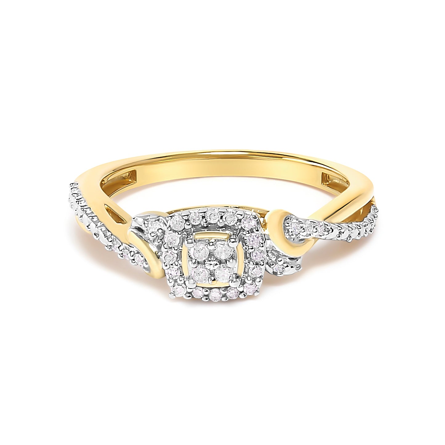 Bague de fiançailles en or jaune 10K avec tige torsadée et halo de diamants - Taille 7