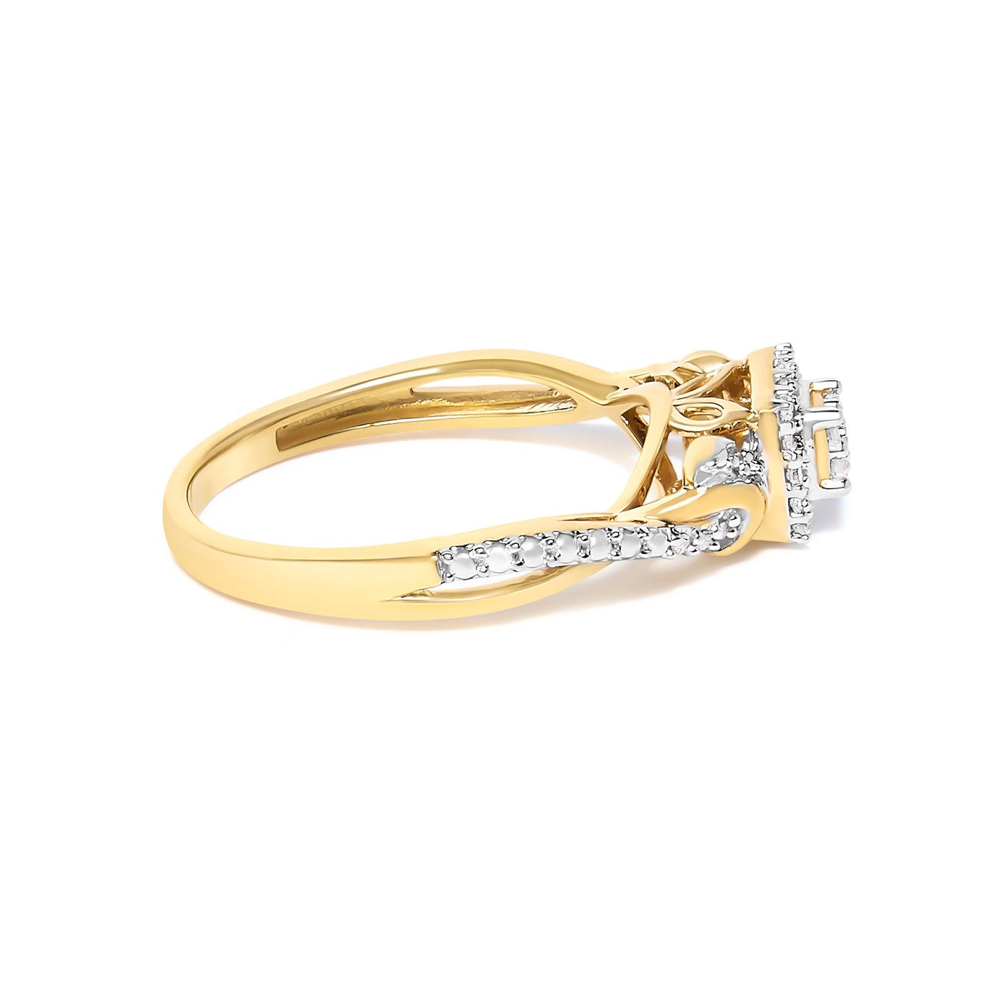 Bague de fiançailles en or jaune 10K avec tige torsadée et halo de diamants - Taille 7