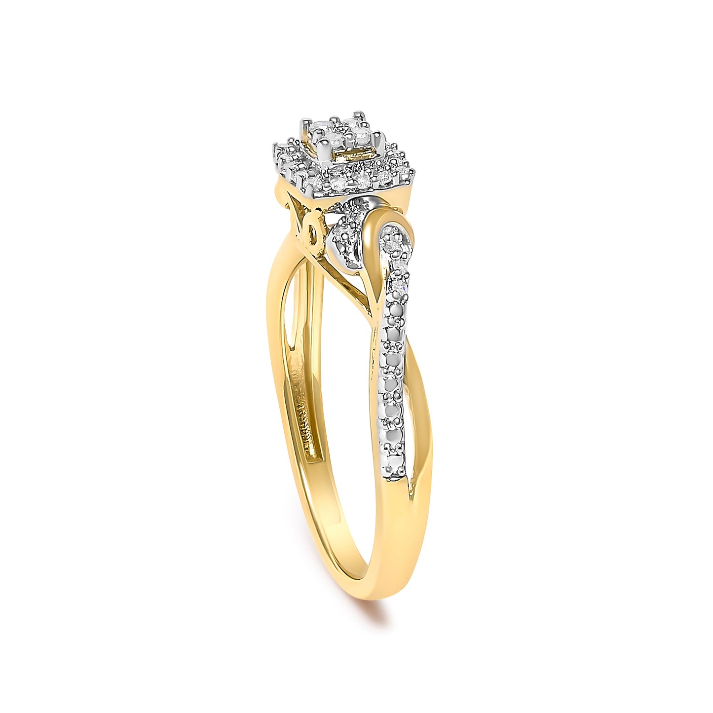 Bague de fiançailles en or jaune 10K avec tige torsadée et halo de diamants - Taille 7