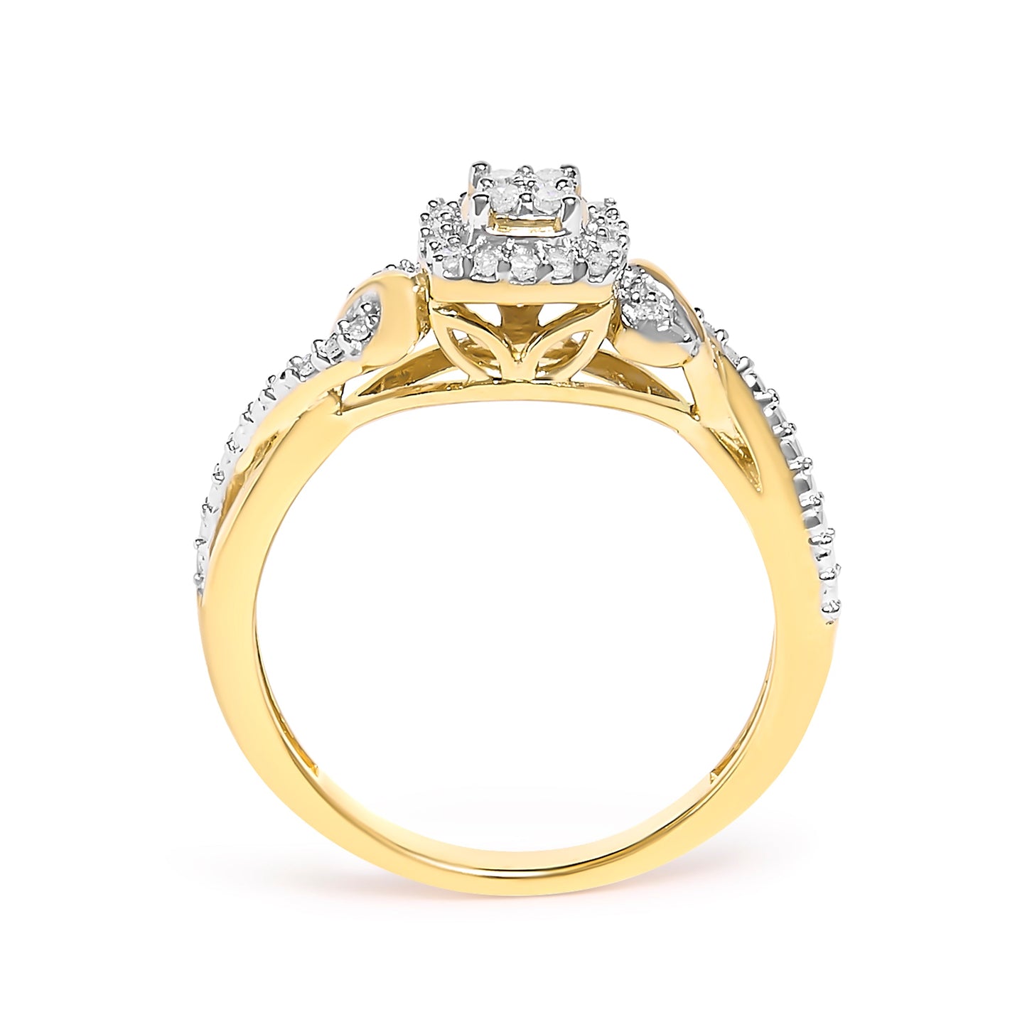 Bague de fiançailles en or jaune 10K avec tige torsadée et halo de diamants - Taille 7