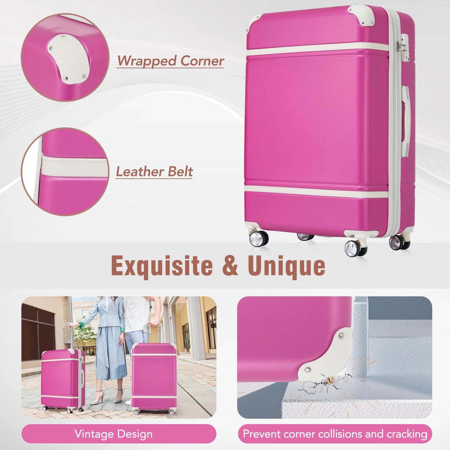 20 IN Luggage 1 Piece with TSA lock , Lightweight Suitcase Spinner Wheels,Carry on Vintage Luggage,Pink - Korvel