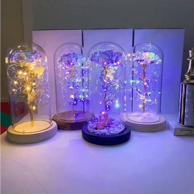 20 LED Crystal Galaxy Rose in Glass Dome - Elegant Gift for Her