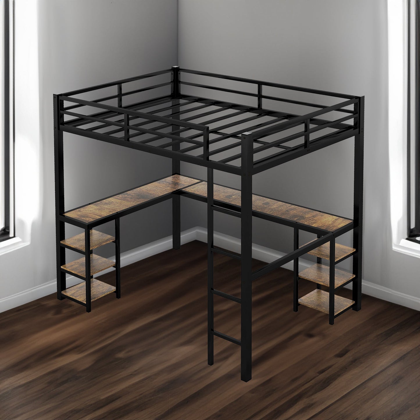 Full Metal Loft Bed with Desk and Shelves, Loft Bed with Ladder and Guardrails, Loft Bed Frame for Bedroom, Black - Korvel