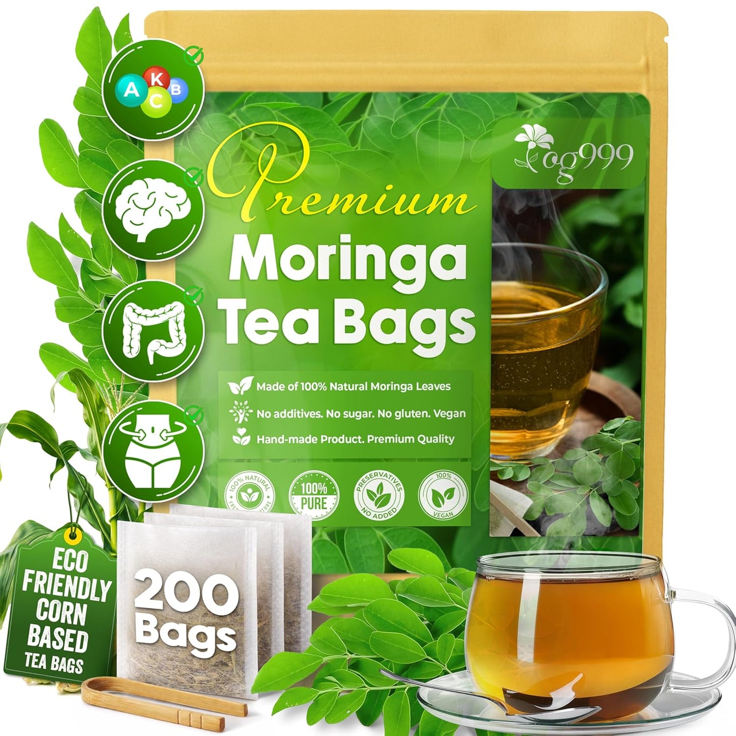 Bolsitas de té de hojas de moringa, 100 % natural y puro. Té de hojas de moringa a granel. Sin azúcar, sin cafeína, sin gluten, vegano.